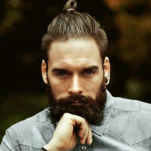 Ponytail + Thick Brown Beard Style