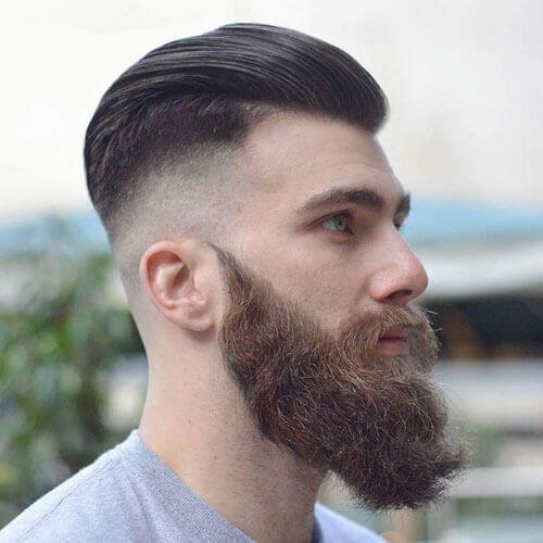 Brushed Back Hair + Bushy Beard + Razor Fade