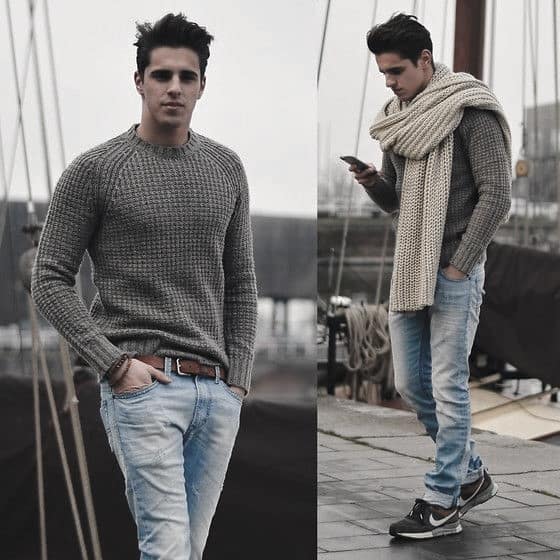 male-winter-outfits-clothing-styles-grey-sweater-with-chunky-cream-scarf