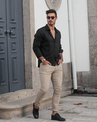 Black Shirt Outfit Ideas for Men 2021-Black Shirt Combination Pants- black shirt matching pants and shoes