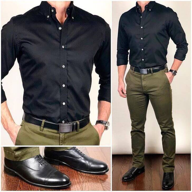 Black Shirt Outfit Ideas for Men 2021-Black Shirt Combination Pants- black shirt matching pants and shoes