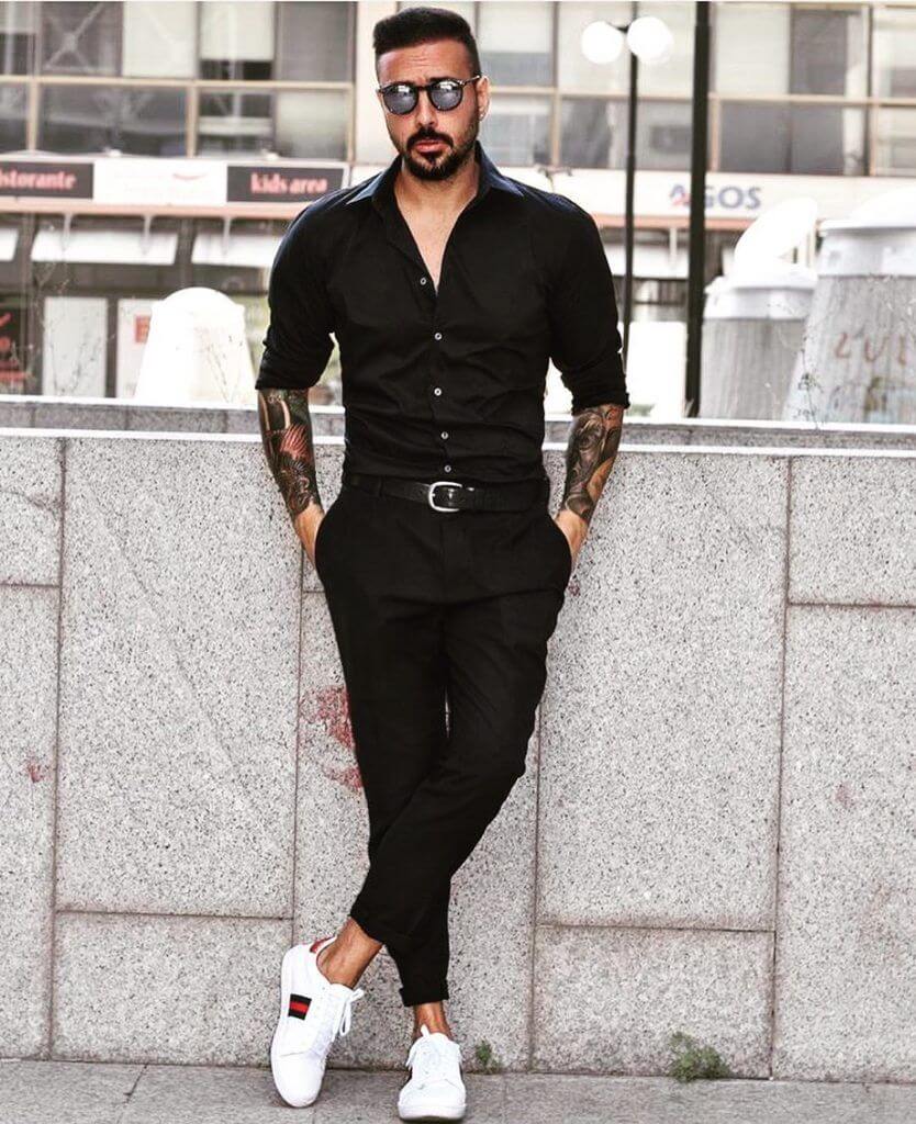 Black Shirt Outfit Ideas for Men 2021-Black Shirt Combination Pants- black shirt matching pants and shoes