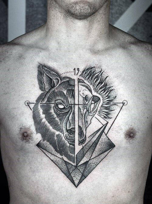 half wolf half skull guys-geometric middle of chest tattoo ideas-63