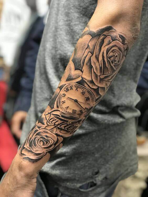 angel and roses sleeve tattoo