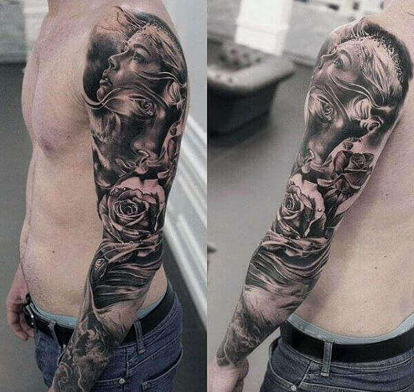 angel and rose sleeve tattoo