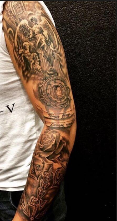 angel and rose sleeve tattoo