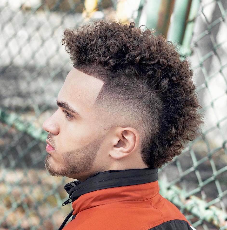 Mohawk Fade With Medium Curly Hair On Top