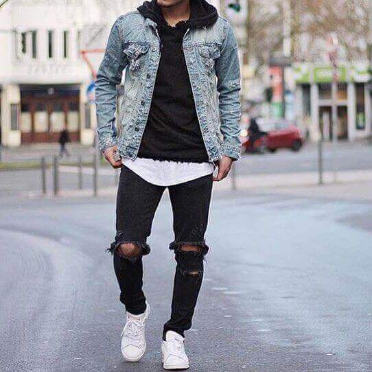 what to wear with grey denim jacket male