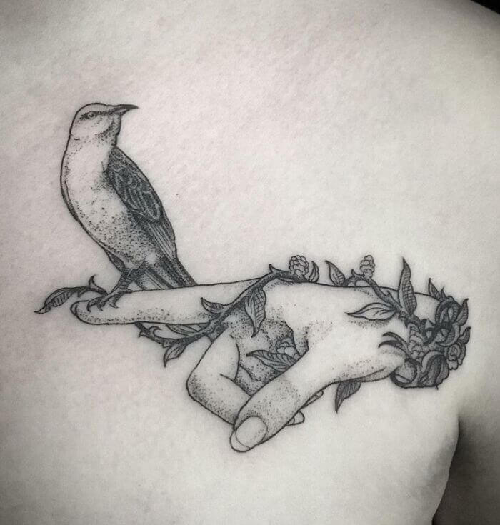 Birdie On Finger Tattoo Close To The Collarbone