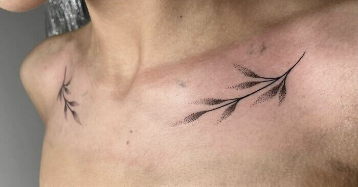 Dotted Leaves On Collarbone Tattoo-3